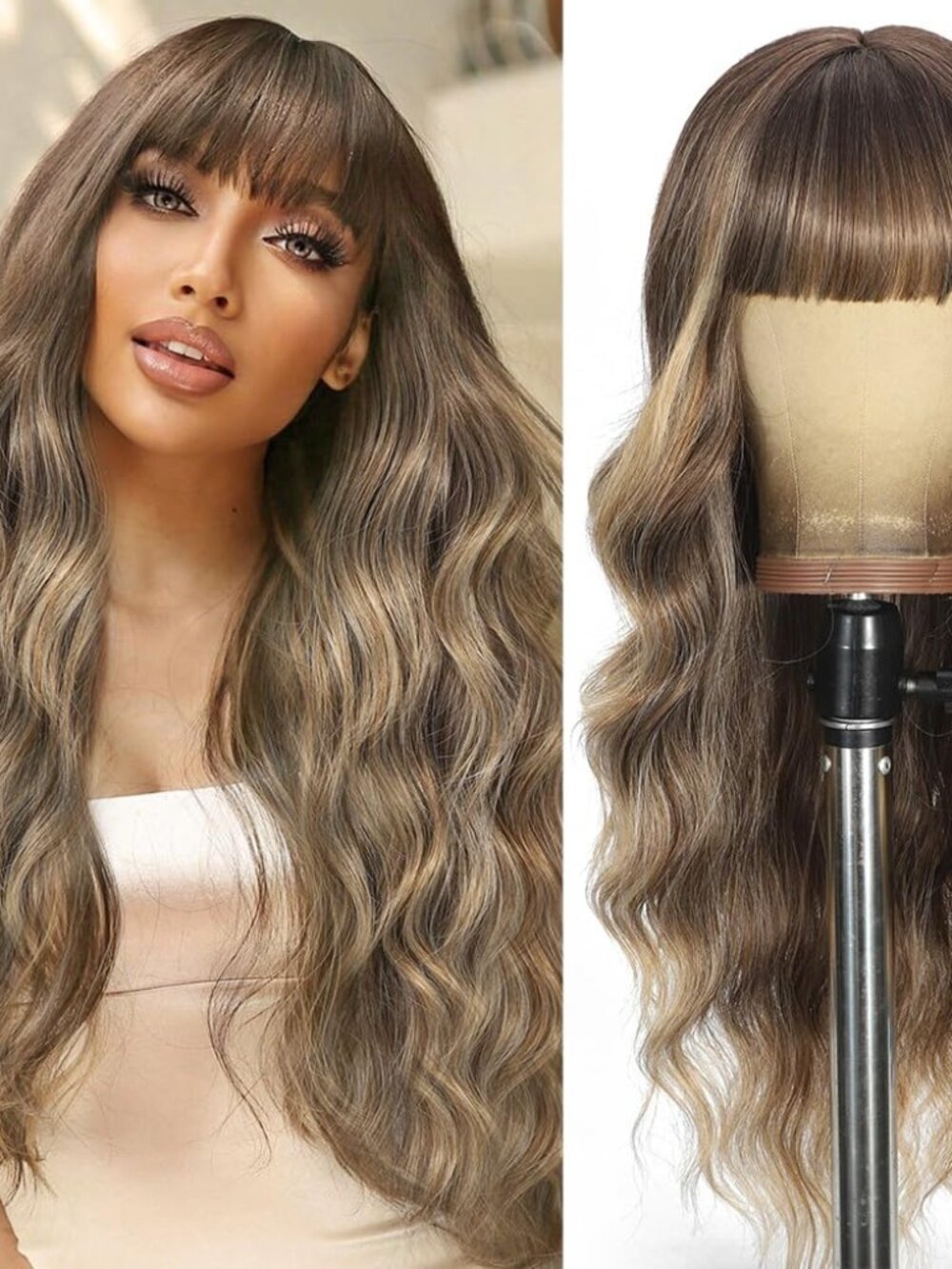 UNNYMGER Ombre Mixed Brown Wig with Bangs *  Long curly wavy Wig